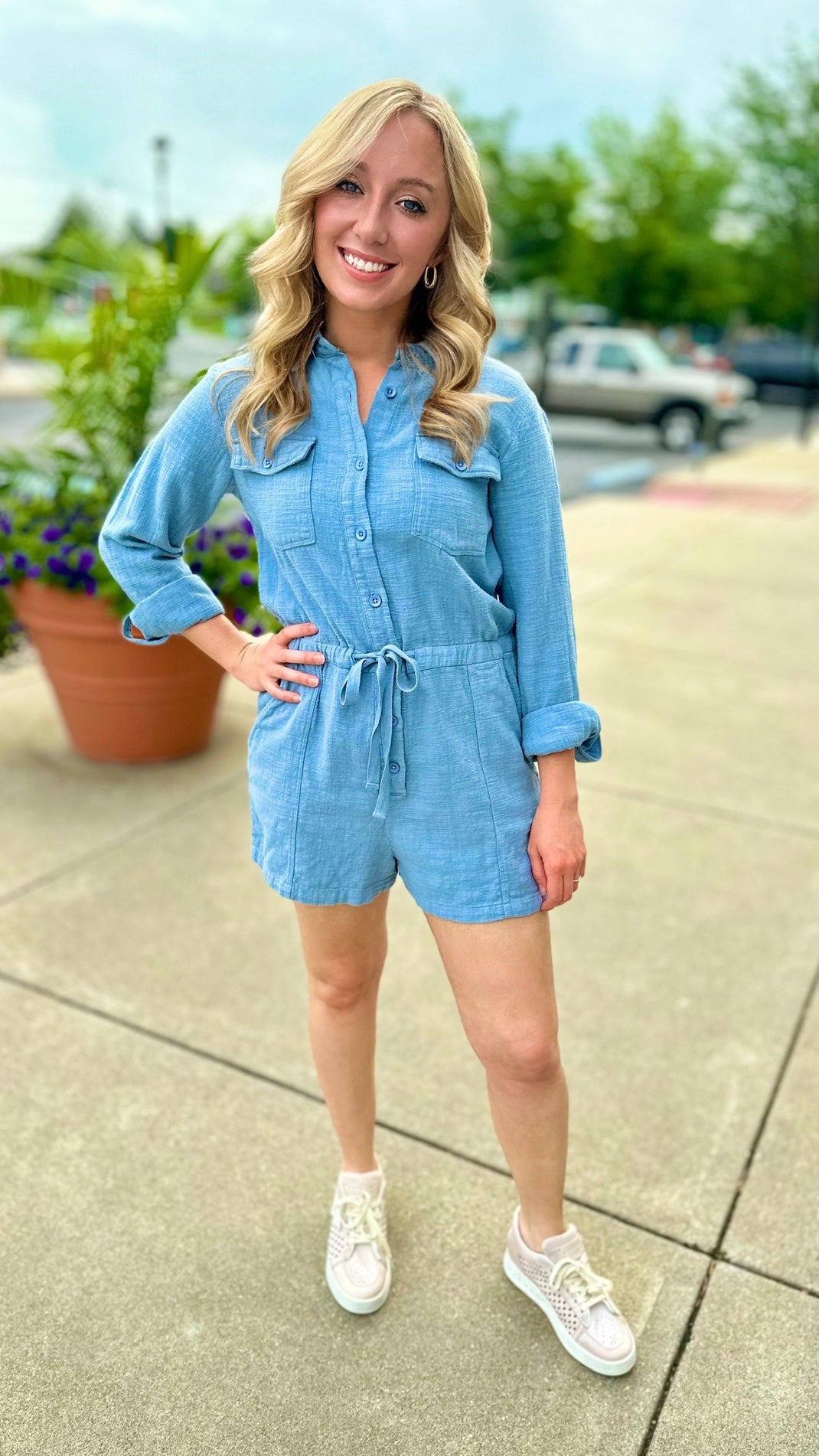Bobi Cotton Rolled Sleeve Romper - River