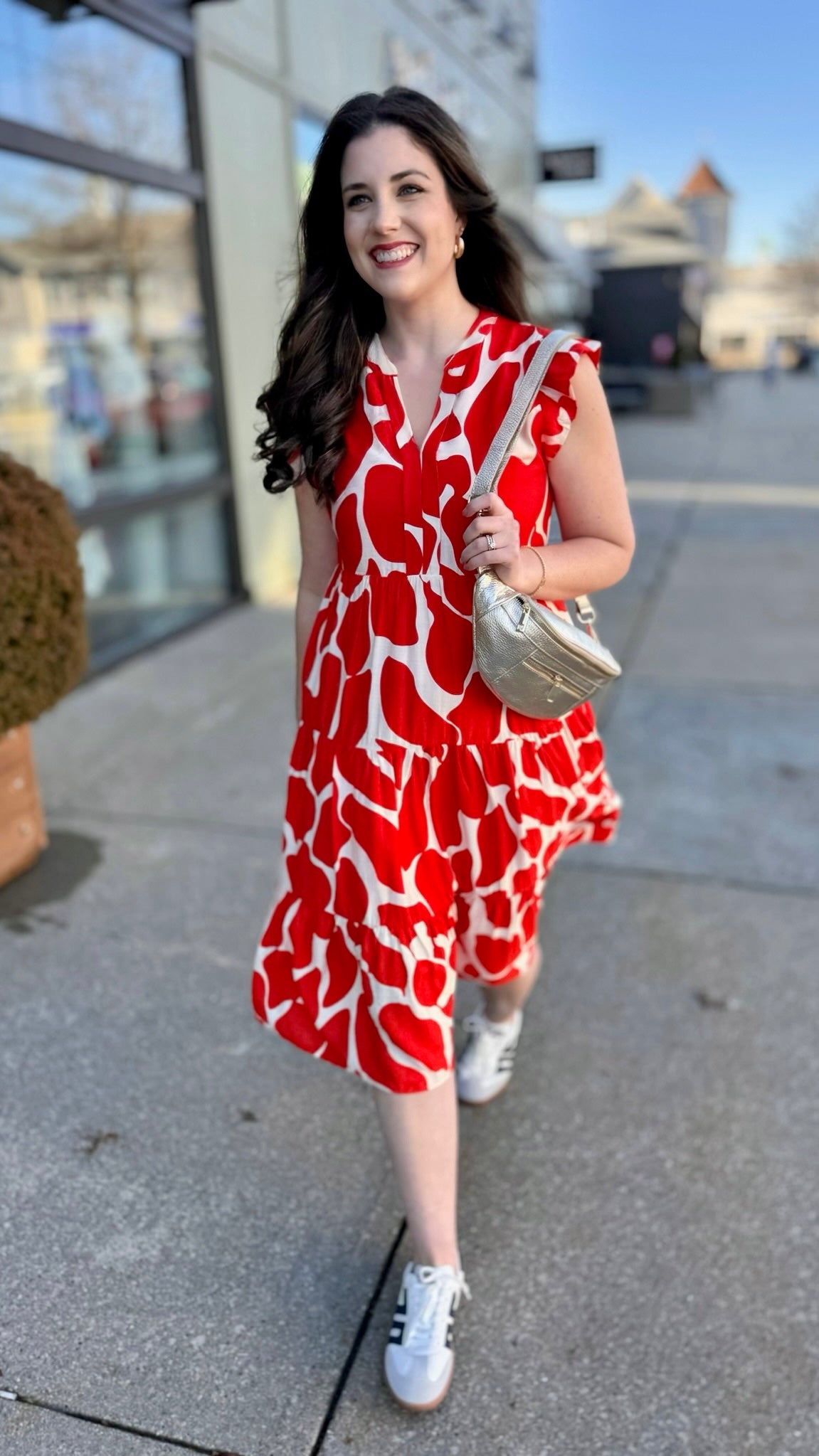 Abstract Vneck Midi Dress - Red and Ivory