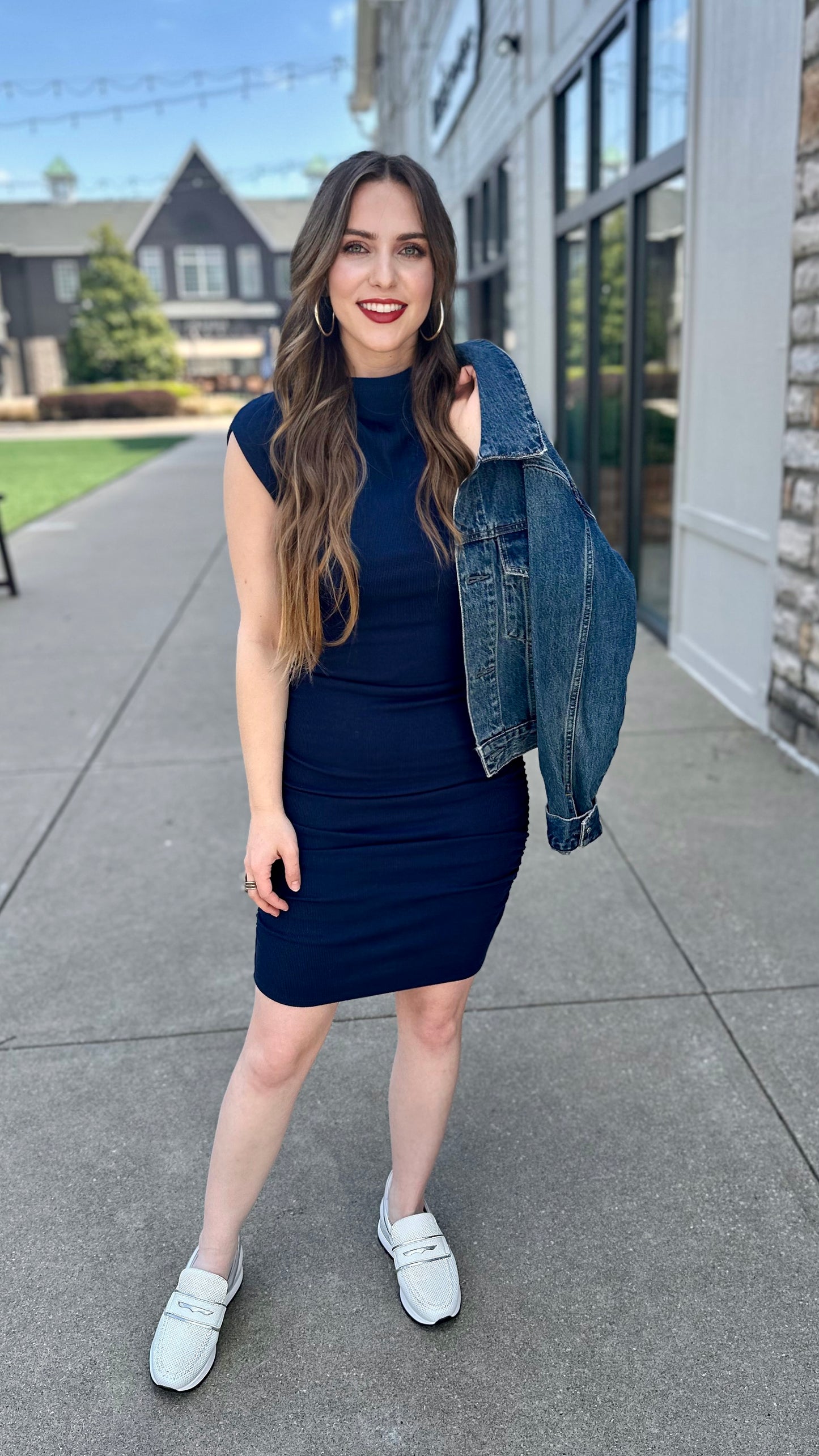 Michael Stars Gia Ribbed Power Shoulder Dress - Navy