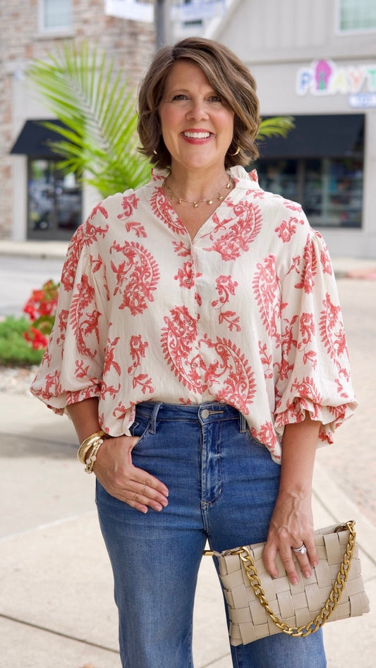 Daniella Button Up Blouse - Ivory & Coral