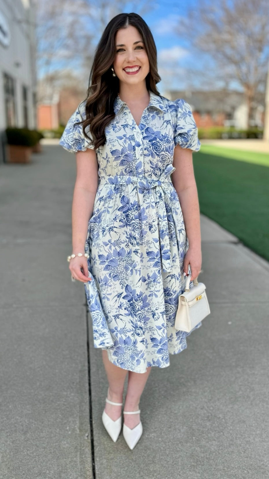 Lila Blue Rose Midi Dress With Belt