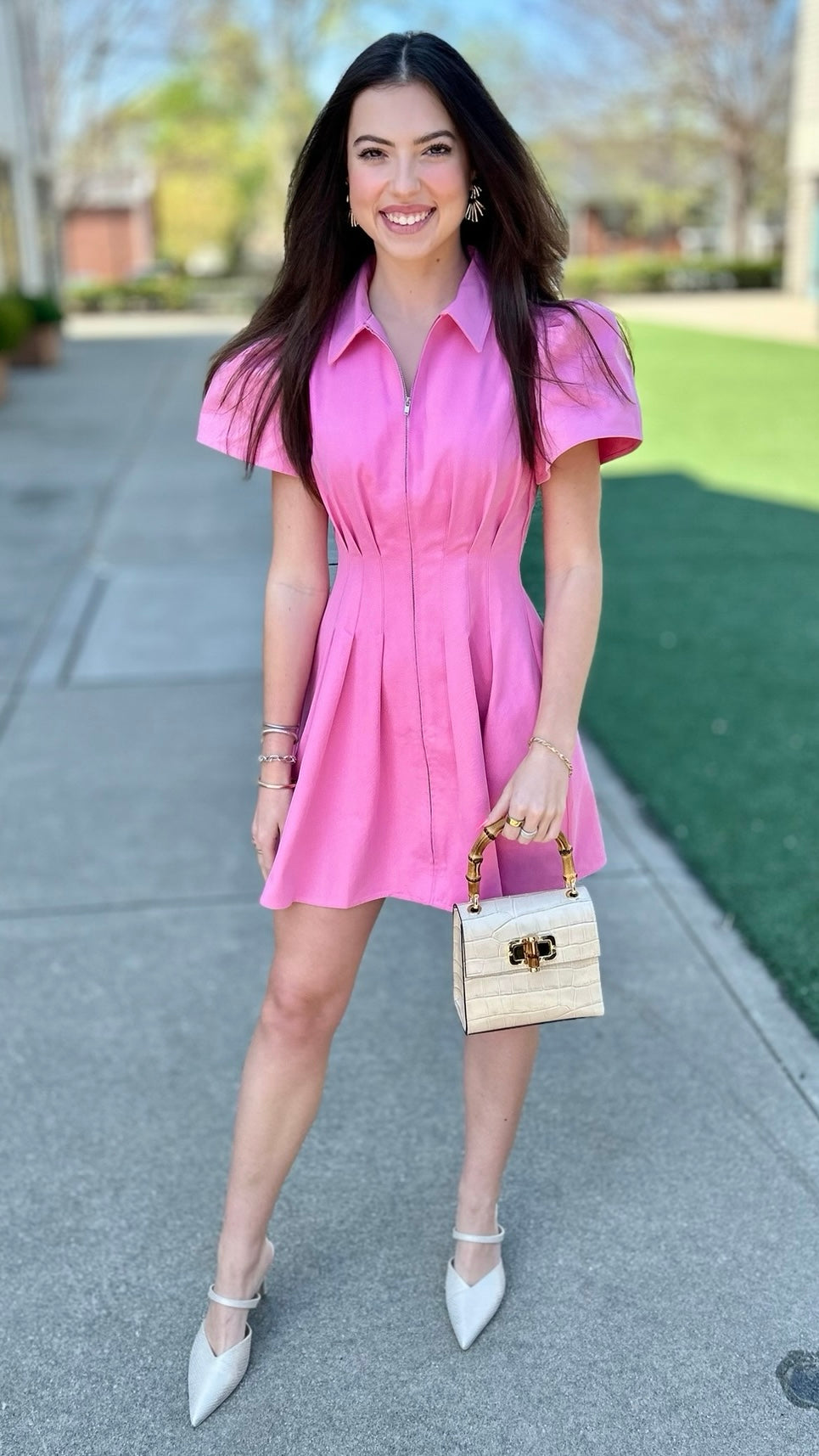 Aubrey Denim Pleat Waist Zip Mini Shirt Dress - Pink