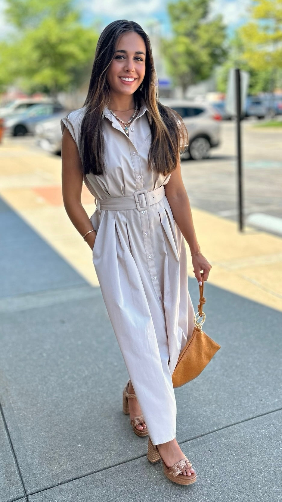 Blissful Belted Midi Dress - Taupe