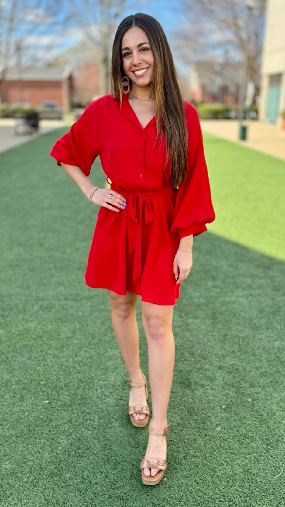 Vibrant Red Shirt Dress - Red