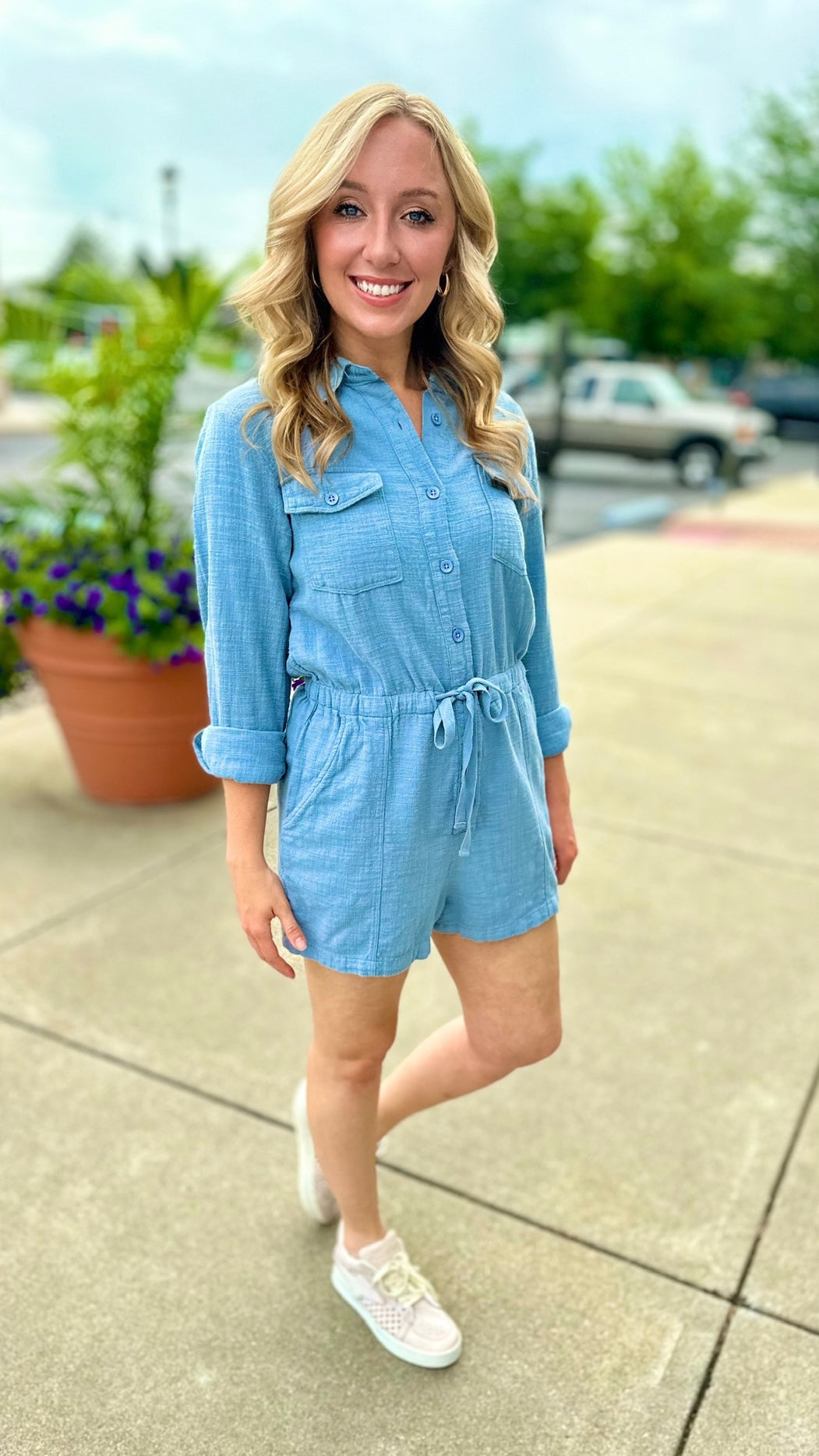 Bobi Cotton Rolled Sleeve Romper - River