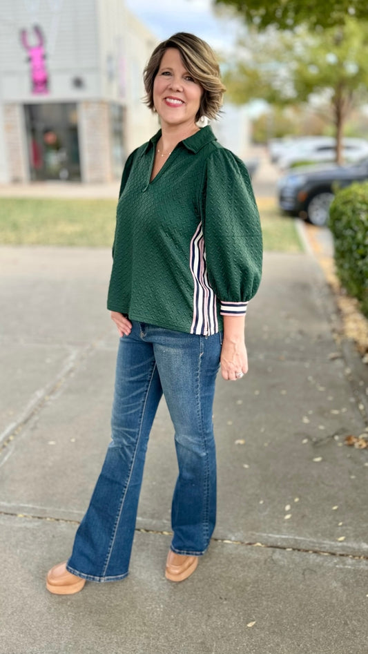 Collared Quilted Prep Stripe Top - Hunter