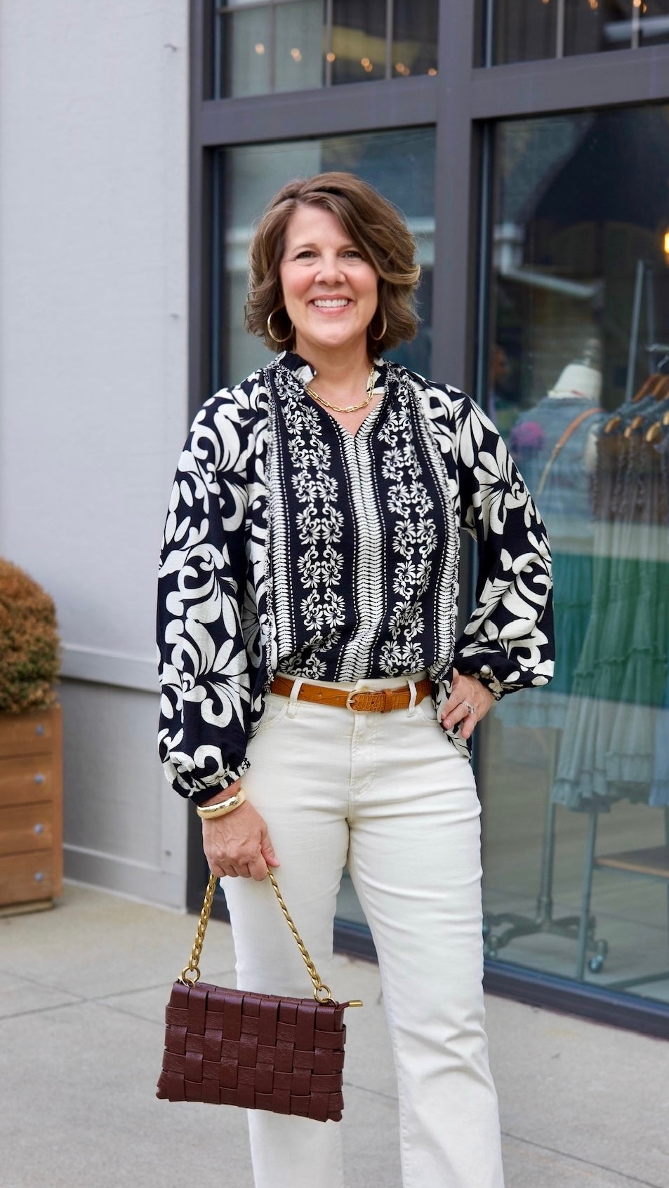 Marla Abstract Blouse With Frayed Trim - Black