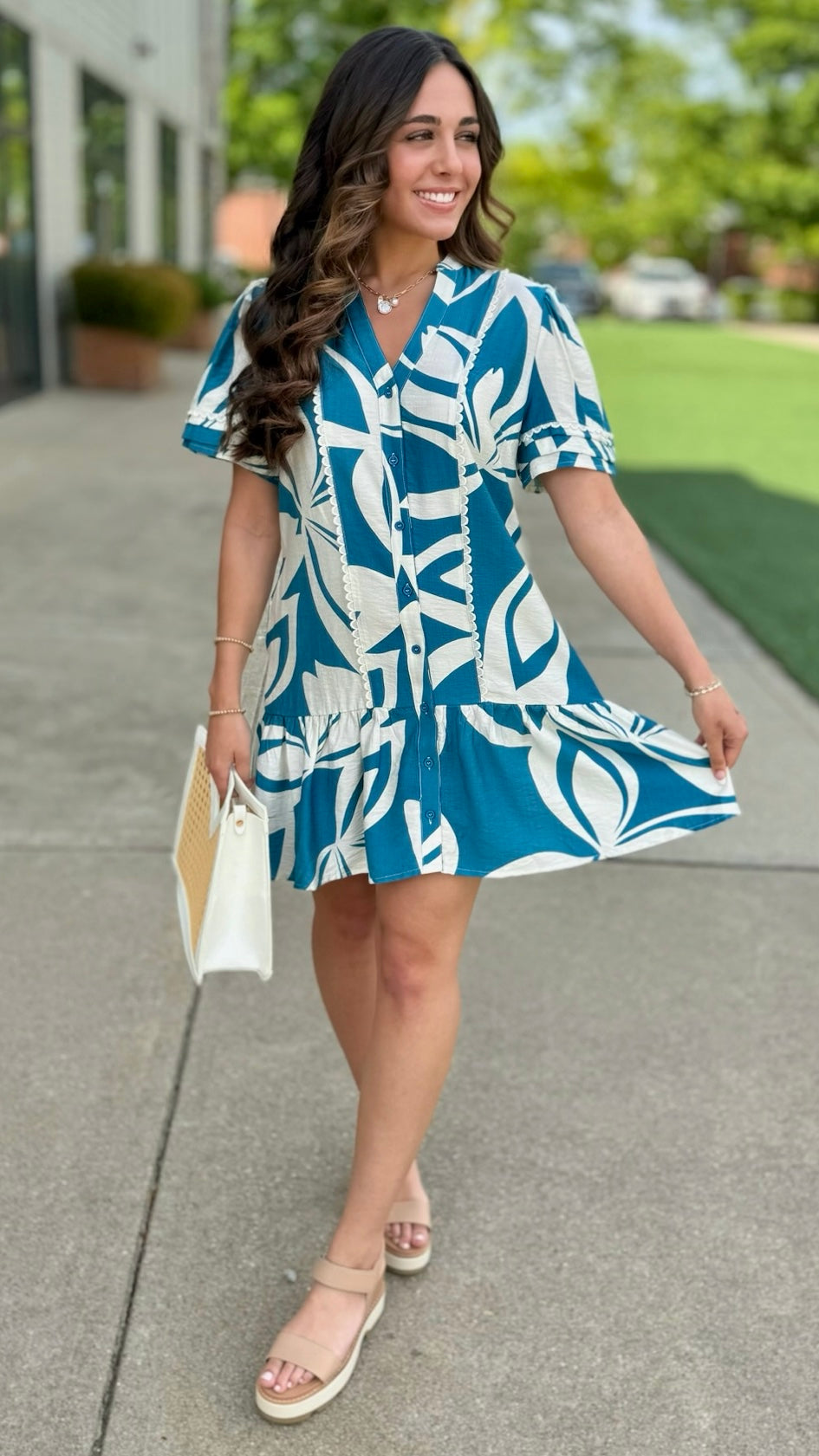 Celia Abstract Dress - Turquoise & Cream