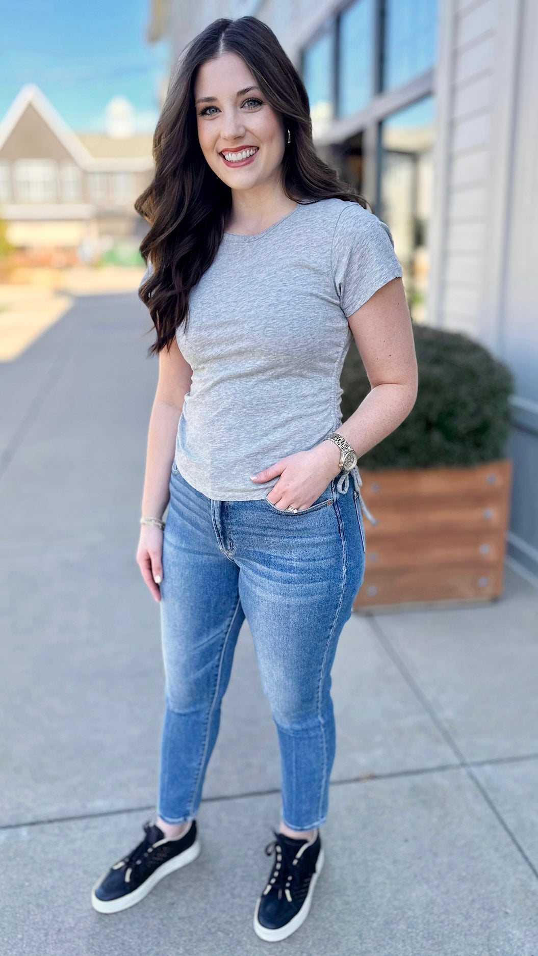 Bobi Shirred Side Cotton Tee - Grey