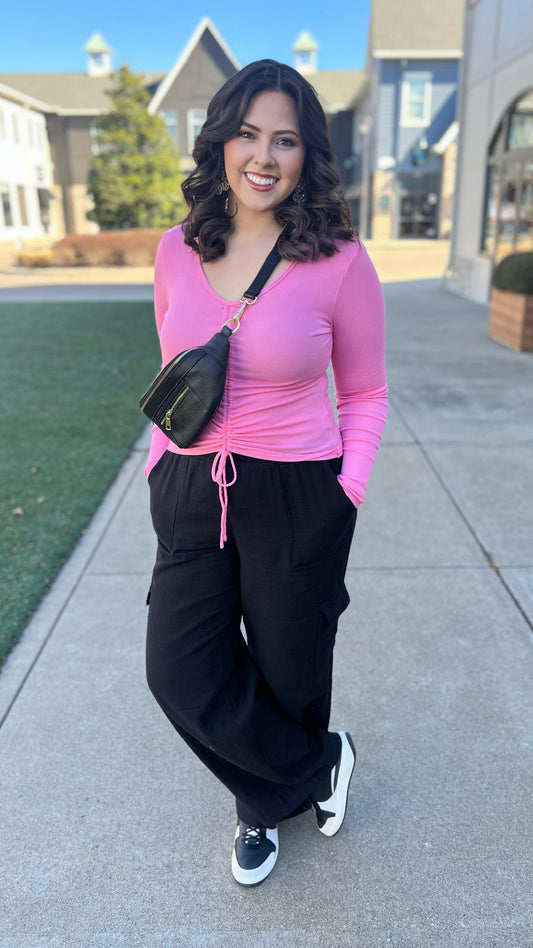 Bobi Shirred Tie V-Neck Ribbed Top - Bright Pink