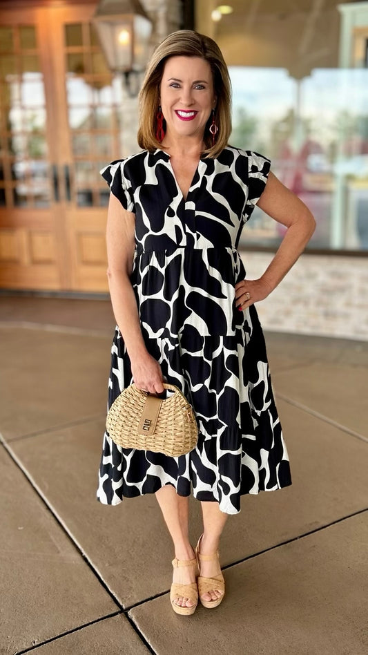 Abby Abstract V Neck Midi Dress - Black/Ivory