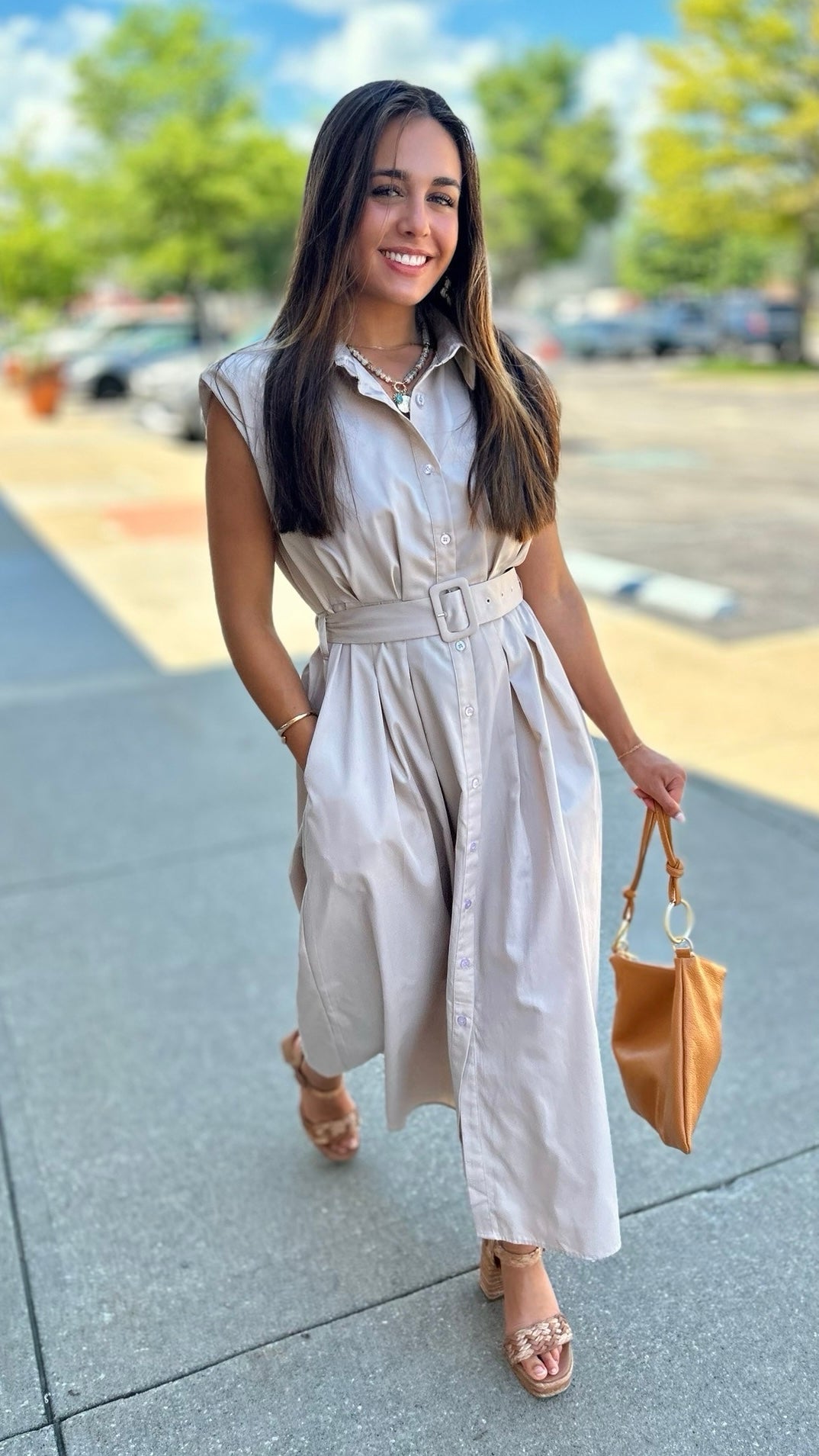 taupe midi dress *RESTOCKED* The Ruth Smocked  Medium Feel free to strut all you want in the Sweet Adoration Taupe Striped Contrast Midi Dress Only You Taupe Ribbed Midi