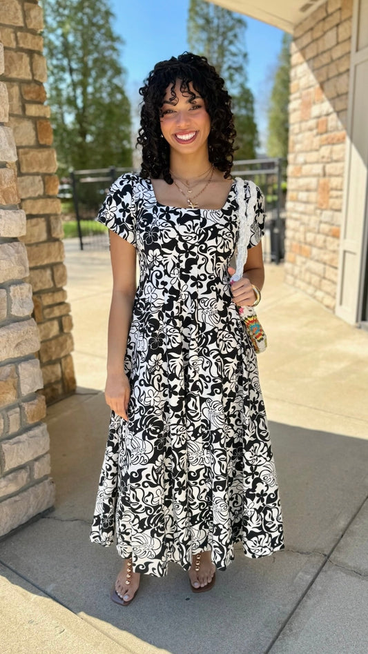 Theresa Print Midi Dress - Black/White