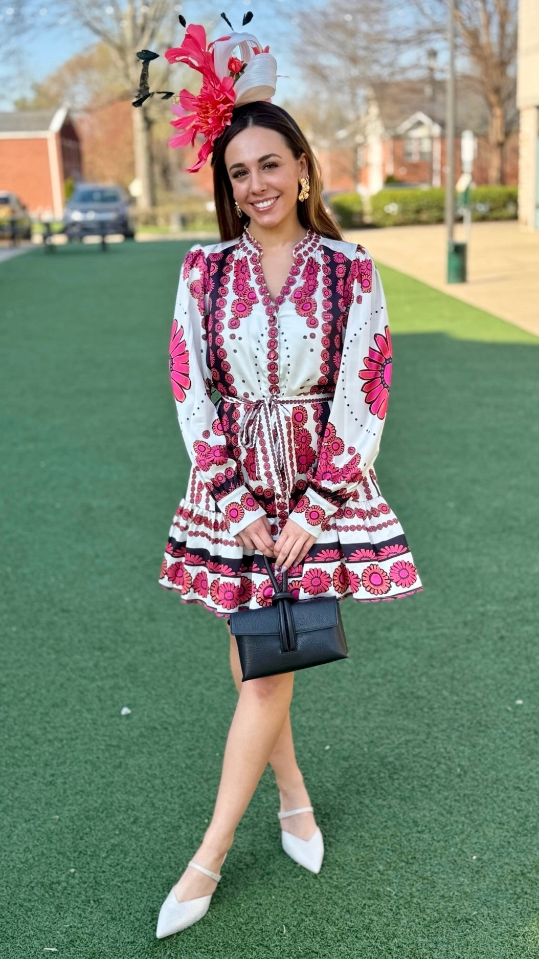 Daisy Pink Multi Mandarin Collar Belted Dress