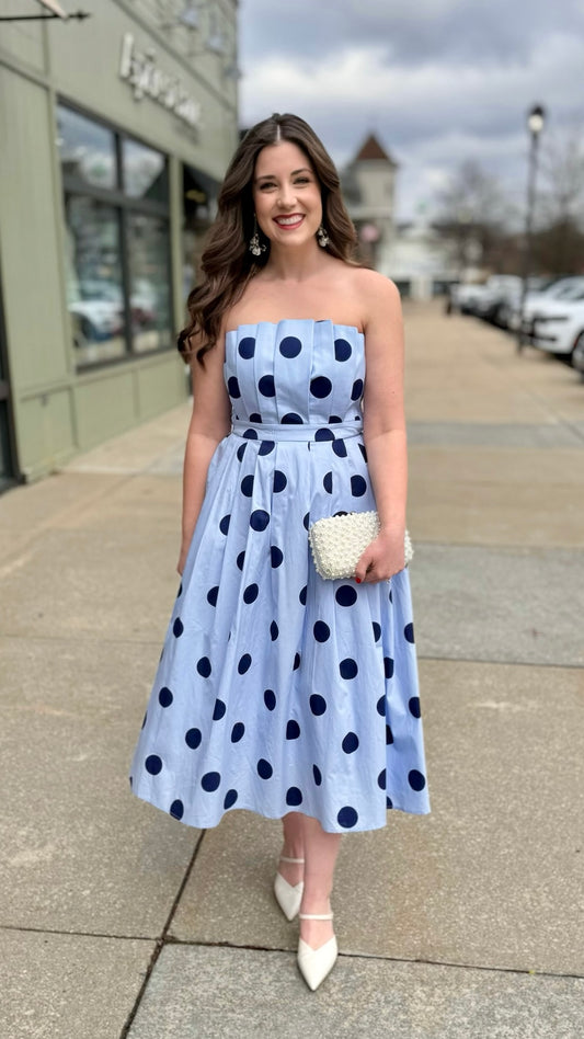 Penny Polka Dot Strapless Dress - Lt Blue/Navy