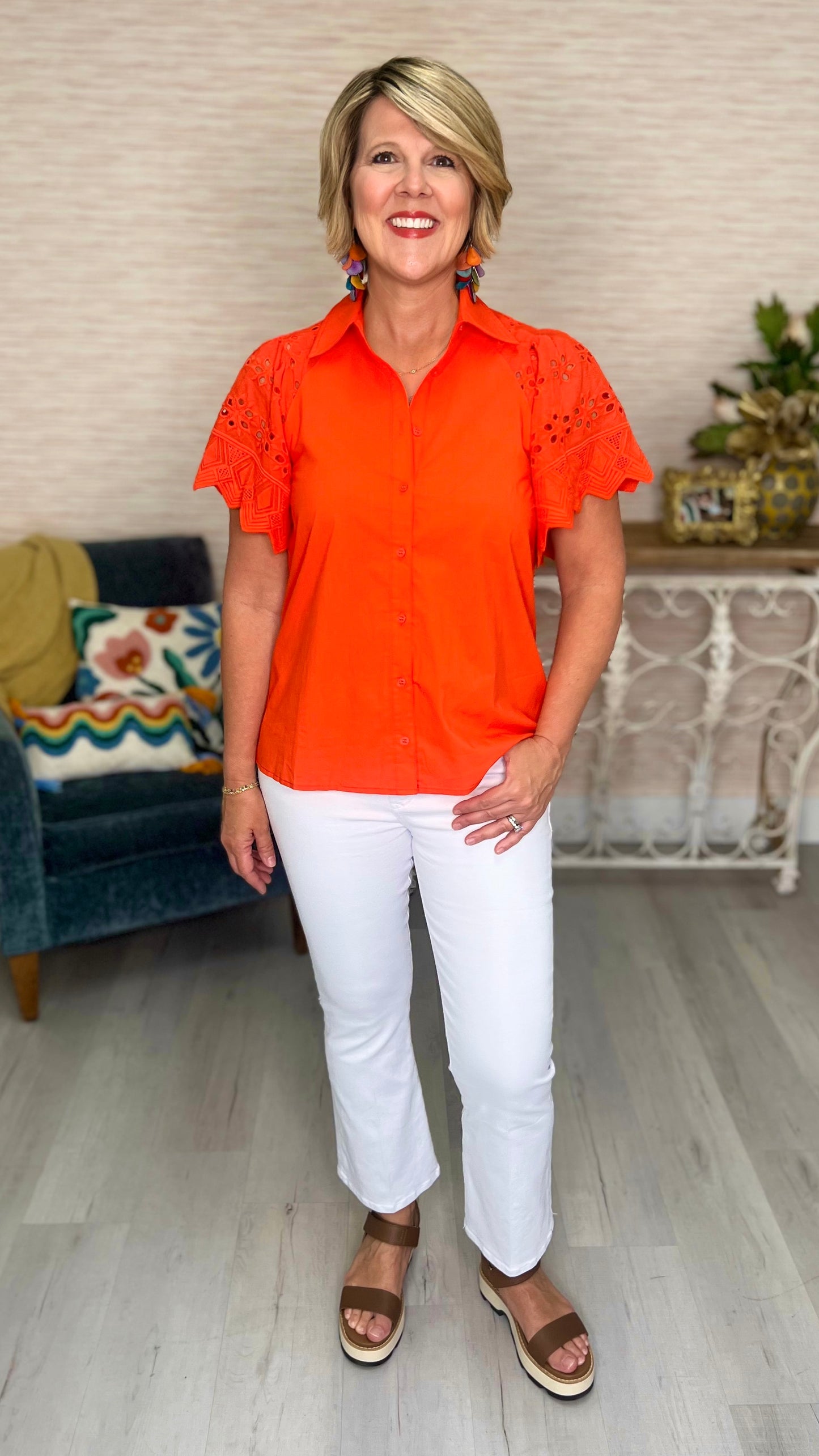 Red Orange Eyelet Sleeve Button-Up