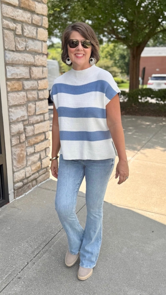 Paige Stripe Sleeveless Sweater - Denim Blue & White