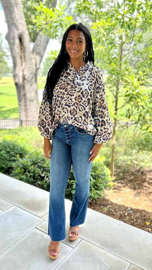 Mae Animal Print Top - Taupe & Navy