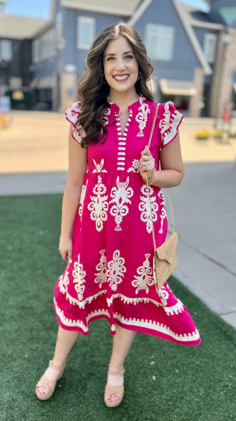 Ruffle Sleeve Midi Dress - Fuchsia