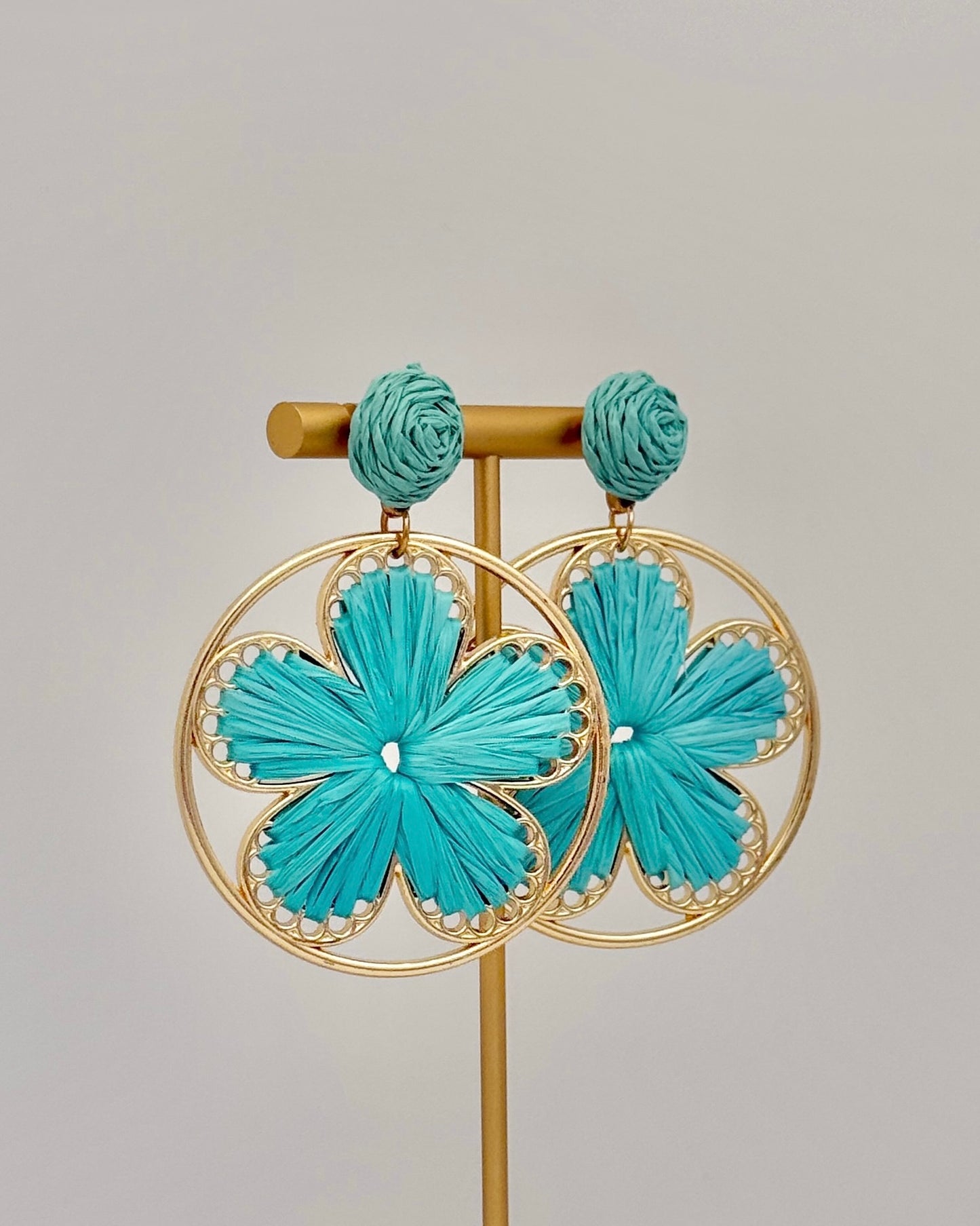 Raffia Flower Earrings - Turquoise