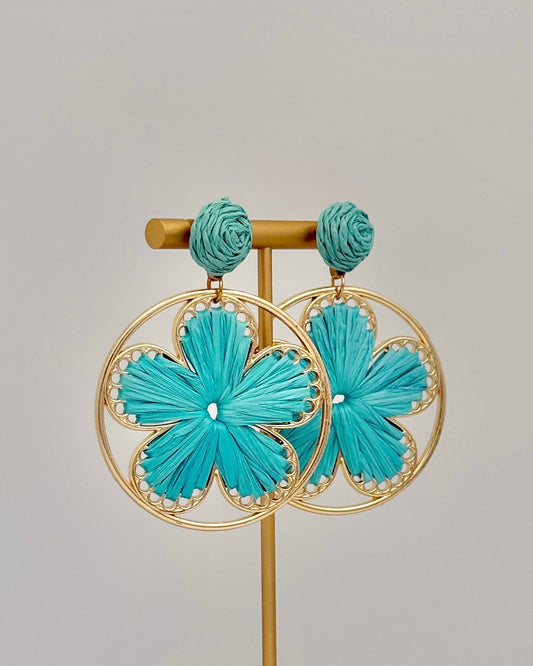 Raffia Flower Earrings - Turquoise