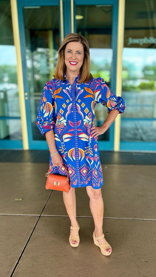 Ava Cobalt Ikat Dress