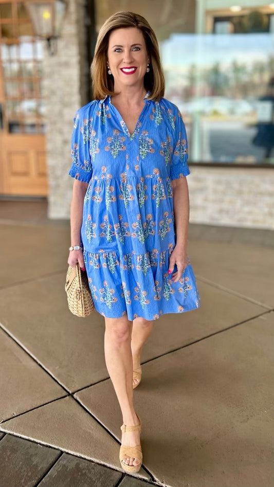 Patti Puff Sleeve Floral Dress - Blue