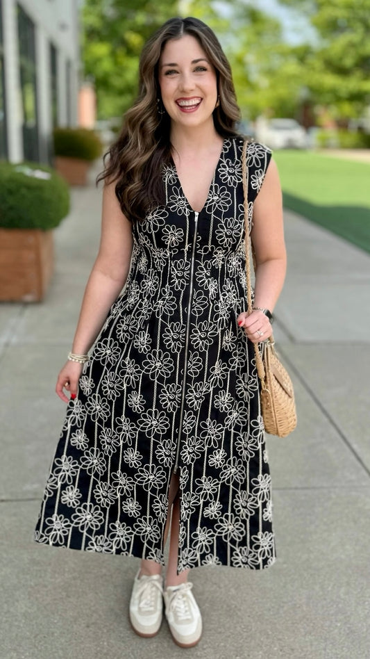 Black Embroidered Midi Zip Dress