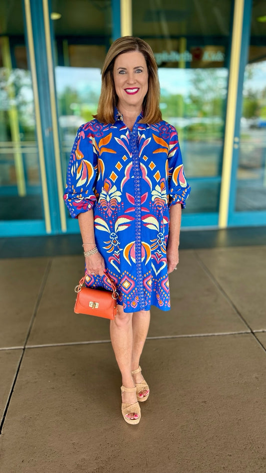 Ava Cobalt Ikat Dress