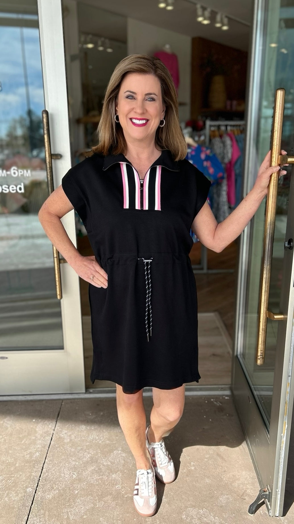 Sporty Tie Waist Dress - Black With Pink Detail