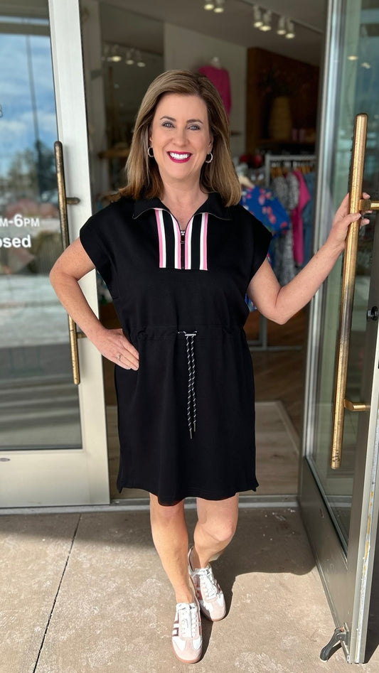 Sporty Tie Waist Dress - Black With Pink Detail