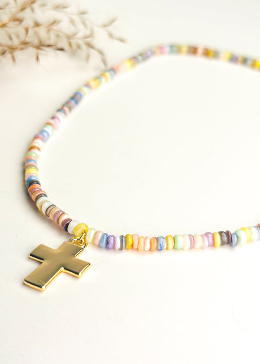 Multicolor Beaded Cross Pendant Necklace