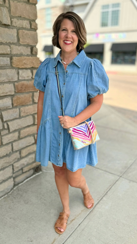 Pretty Puff Denim Dress - Light Blue