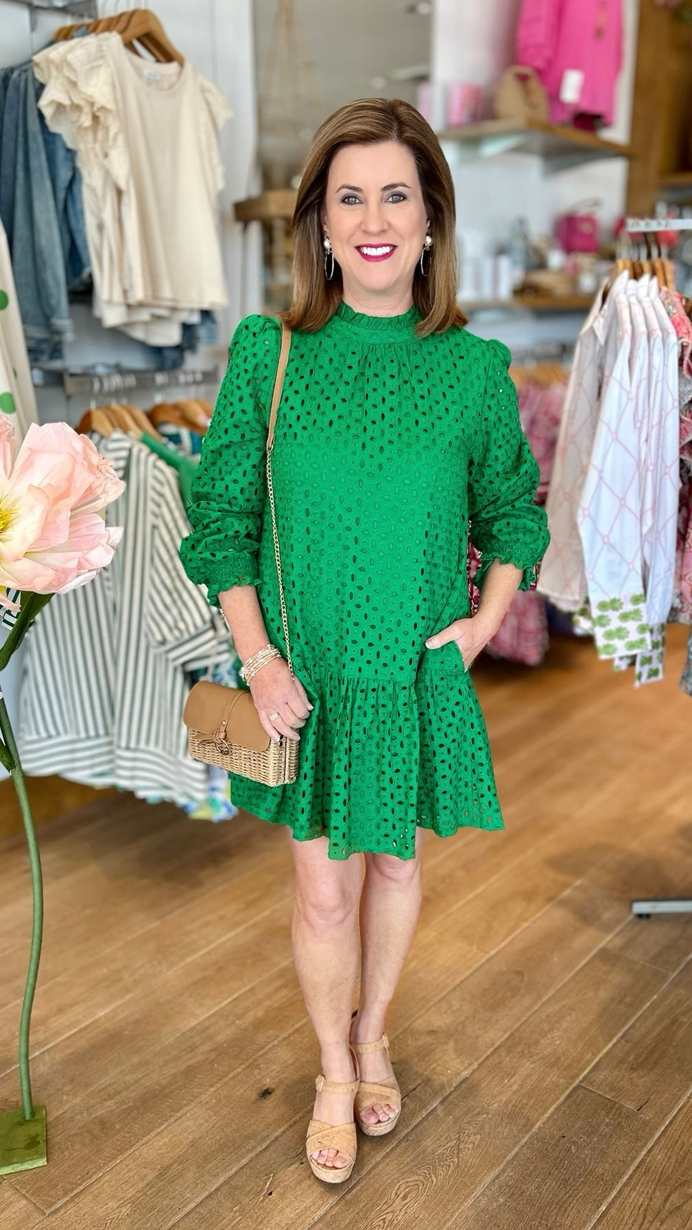 Lena Ruffle Neck Lined Eyelet Dress - Green