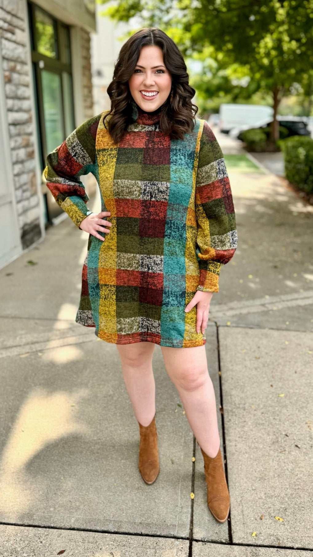 Multi Plaid Sweater Dress - Olive Mix
