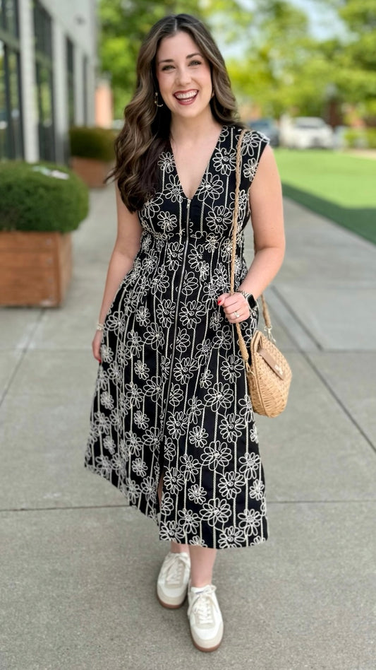Black Embroidered Midi Zip Dress