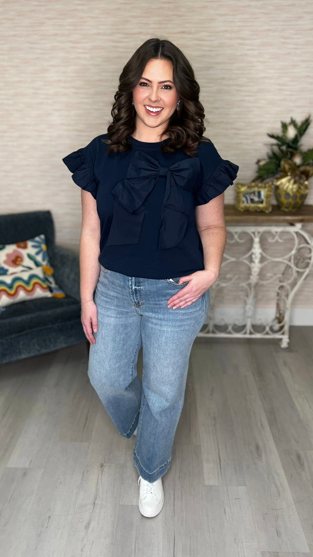 Navy Bow Flutter Sleeve Top