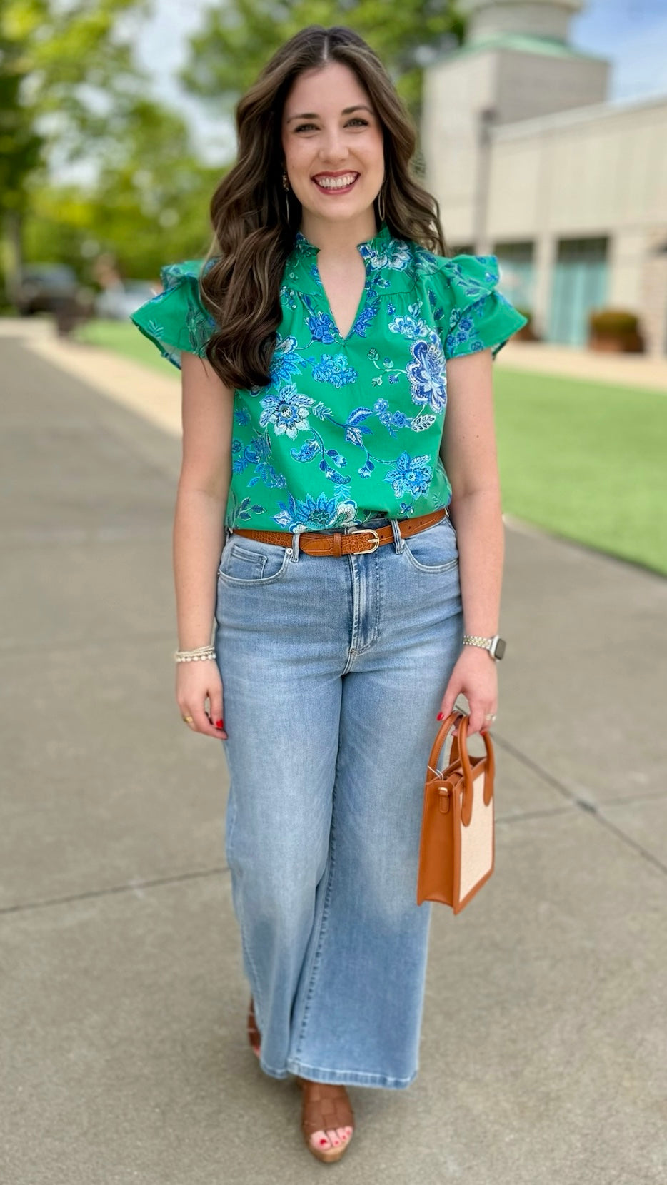 Pretty in Poplin Top - Green & Blue Floral