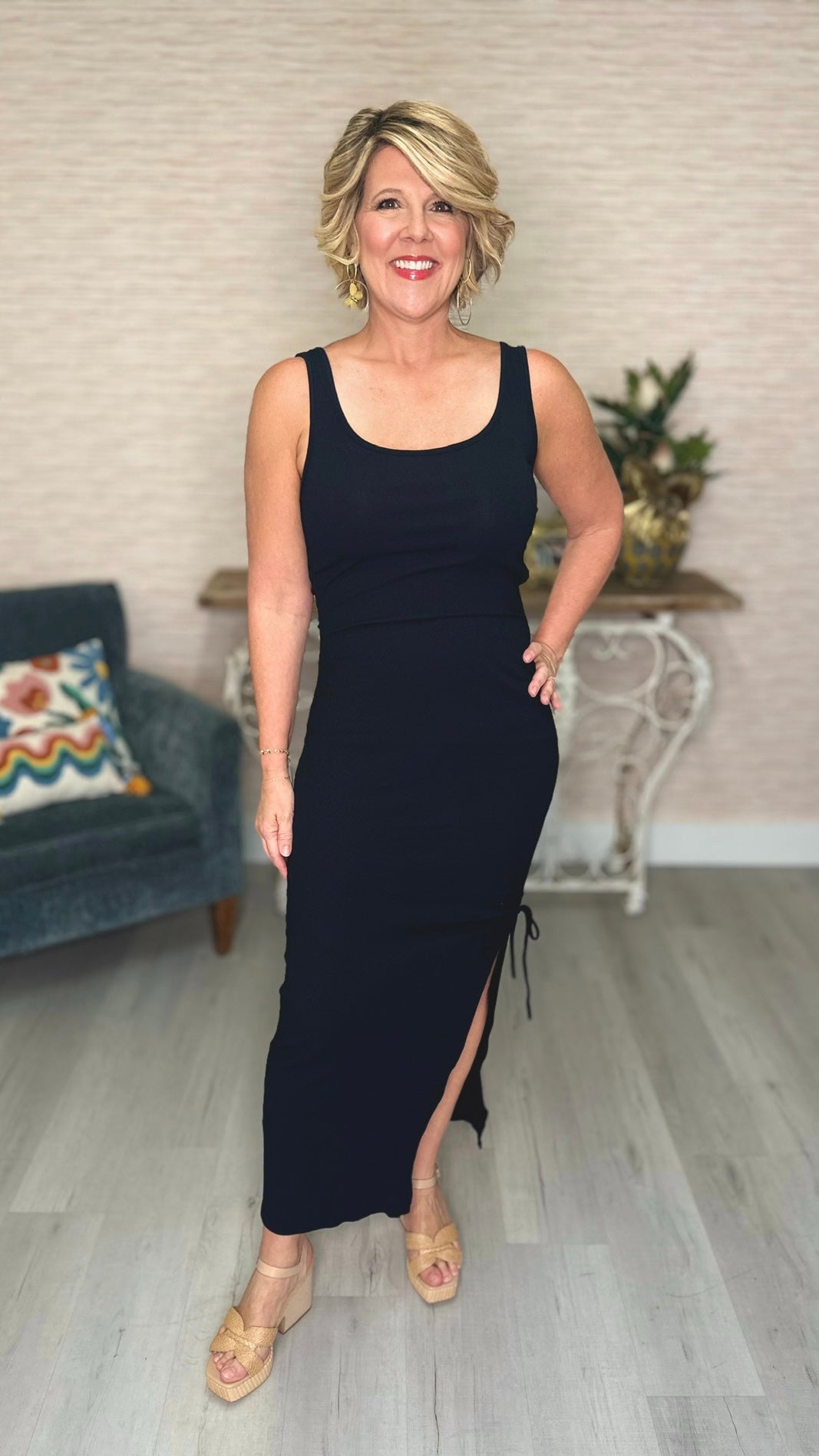 Bobi Black Scoop Neck Shirred Dress