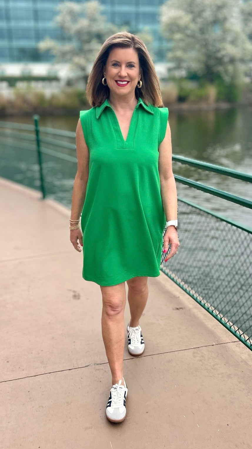 Lilian Ribbed Collared Dress - Kelly Green