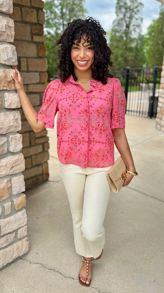 Pink Floral Button Up Short Sleeve Blouse