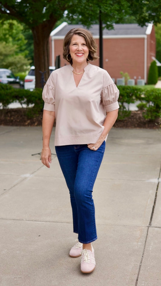 Carolina Khaki Puff Sleeve Top