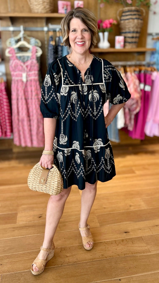 Palm Tree Embroidery Dress - Black