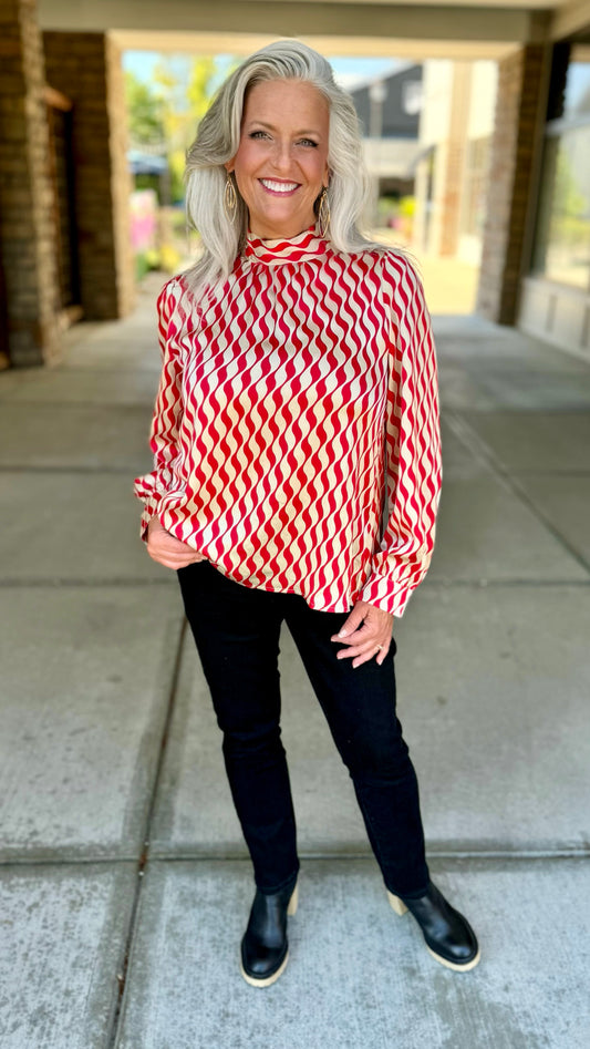 Wonderfully Wavy Tie Back Blouse - Red