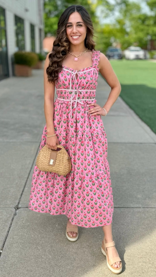 Fabulous Florals Midi Dress - Pink