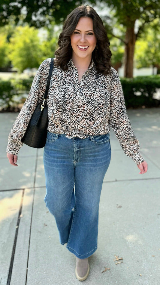 Wild Side Button Down Blouse - Taupe