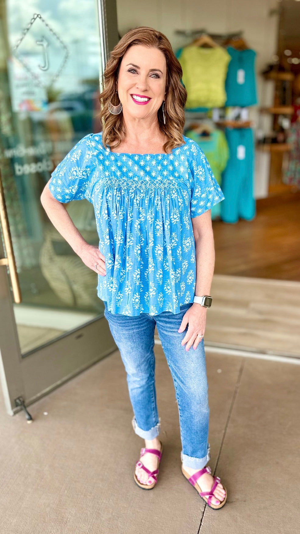 Ivy Jane Blue Floral Smocked Square Neck Blouse