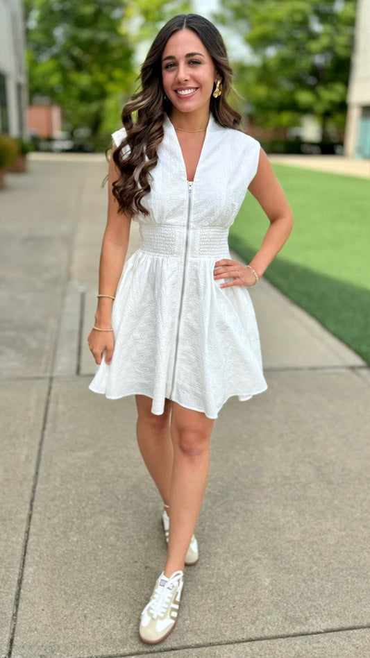 Cora Textured Tile Mini Zip Dress - White