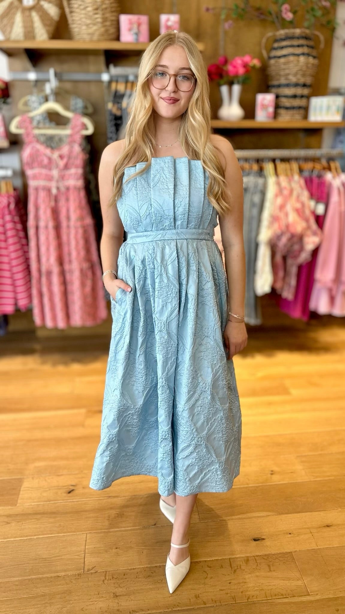 Jacquard Strapless Dress - Light Blue Jacquard Strapless Dress - Light Blue