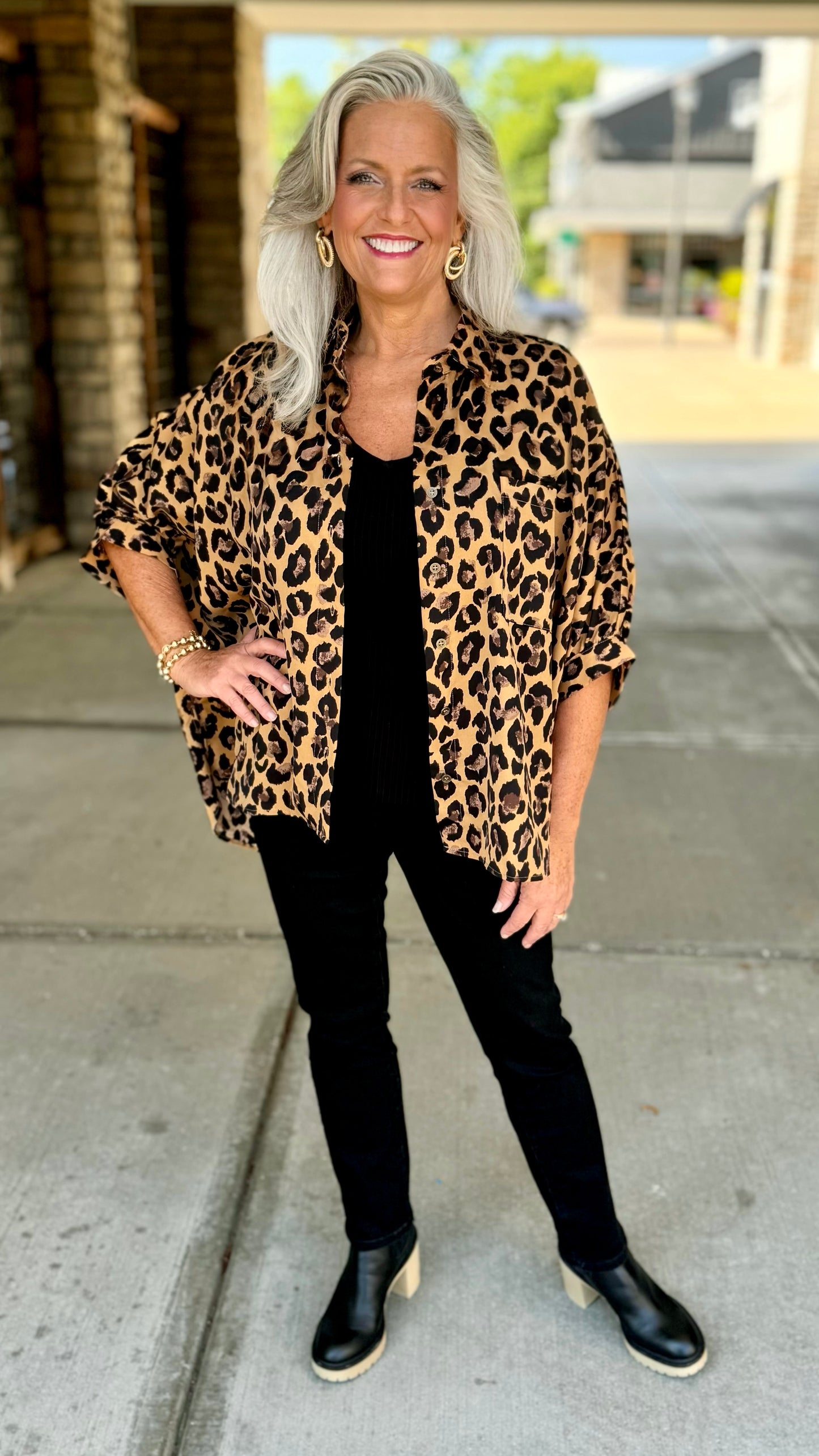 Lavish Leopard Dolman Sleeve Button Blouse - Camel